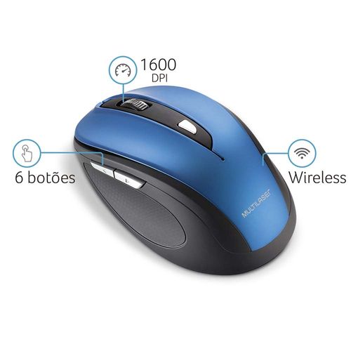 Mouse Sem Fio Comfort Conexão Usb 1600dpi Ajustável 6 Botões Textura Emborrachada Azul - MO240