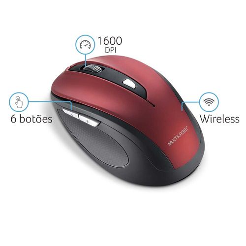 Mouse Sem Fio Comfort Conexão Usb 1600dpi Ajustável 6 Botões Textura Emborrachada Vermelho - MO239
