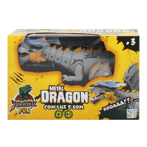 Jurassic Fun Metal Dragon Cinza com Luz e Som Multikids - BR1673
