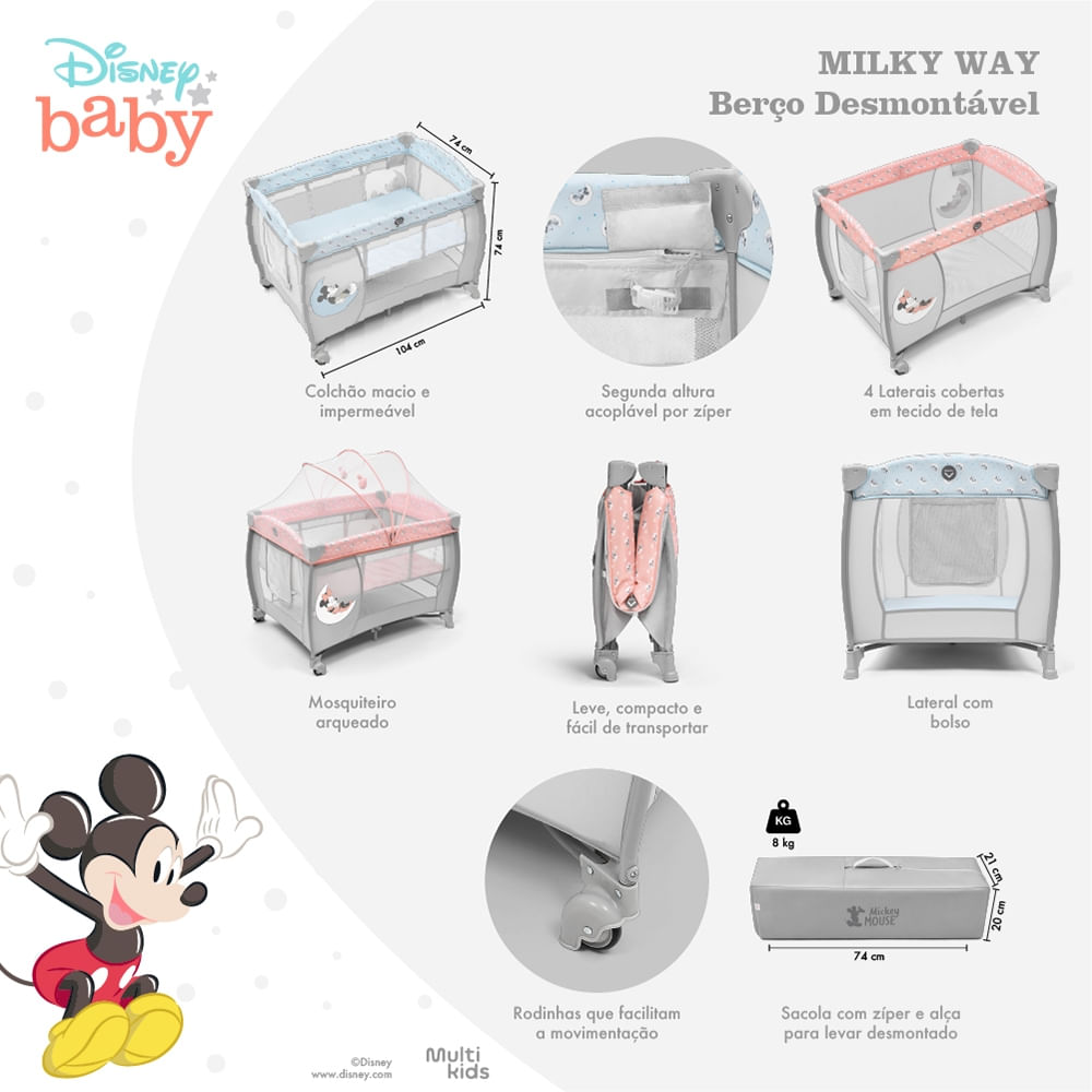 Encontraproduto.com.br - Berço Desmontável 0-15 Kg Mickey Milky Way Multikids Baby - BB442OUT [Remanufaturado]