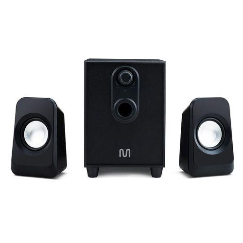 Caixas de Som 2.1 c/ Subwoofer 20w RMS Alimentação Bivolt Conexão P2 Controle de Volume e Graves Preto - SP377OUT [Reembalado]