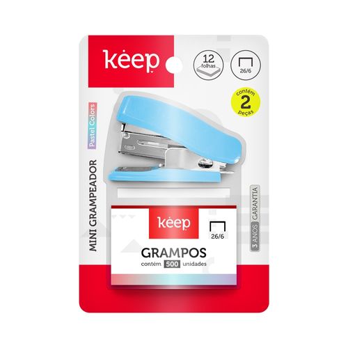 Mini Grampeador 15 Folhas Azul Blister de 500 Grampos 26/6 Keep - EI165OUT [Reembalado]