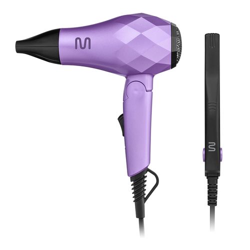 Kit Viagem c/ Mini Secador Bivolt 1000w Dobrável, Mini Prancha 20W, Espelho e Bolsa para Transporte - EB052