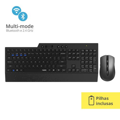 Kit Teclado e Mouse Rapoo Sem Fio BT+2.4Ghz Black 5 Anos de Garantia Pilha Inclusa 8200T - RA005