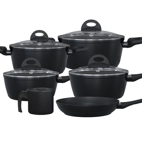 Jogo de Panelas Ouro Preto Alumínio 4 Camadas, Revestimento Antiaderente Goldflon, Cabos Soft Touch 6pçs UpHome - UD292OUT [Reembalado]