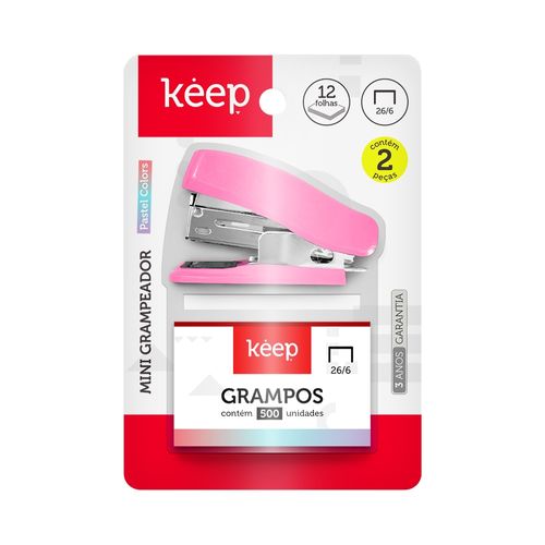 Mini Grampeador 15 Folhas Rosa Blister de 500 Grampos 26/6 Keep - EI176OUT [Reembalado]