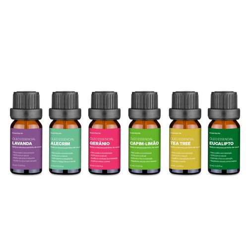 Kit com 6 Óleos Essenciais Lavanda Alecrim Gerânio Capim Limão Tea Tree e Eucalipto Multi Saúde - HC165