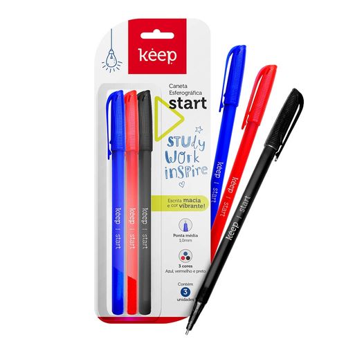 Caneta Esferográfica Ponta Média 1.0mm Azul Vermelho e Preto c/ 3 Unidades Keep - EI095