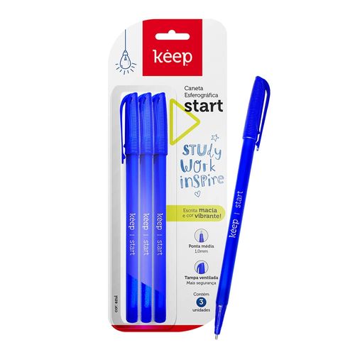 Caneta Esferográfica Ponta Média 1.0mm Azul blister Com 3 Unidades Keep - EI158