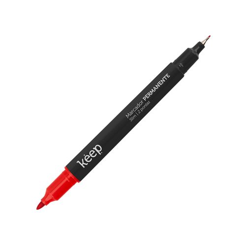 Caneta Marcador Permanente Duas Pontas Fina/Ultrafina 1mm/0.4mm Vermelho Caixa c/ 12 Unidades Keep - MR071