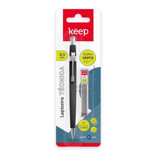 Lapiseira Técnica 0,5mm Preta + 1 Tubo de Grafite Blister Keep - EI111