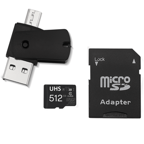 Kit 4 em 1 Cartão de Memória 512GB Ultra High Speed-I U3 + Adptador USB/OTG Tipo C + Adaptador SD - MC155