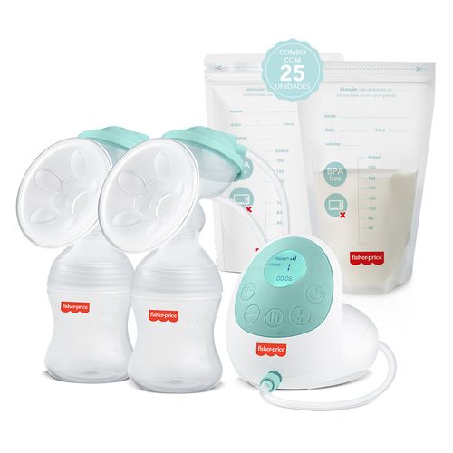 Kit Bomba tira Leite Elétrica Dupla Fisher Price + Sacos Para Armazenar Leite Materno - BB1224KF