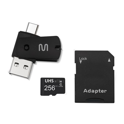 Kit 4 em 1 Cartão de Memória 256GB Ultra High Speed-I U3 + Adptador USB/OTG Tipo C + Adaptador SD - MC154
