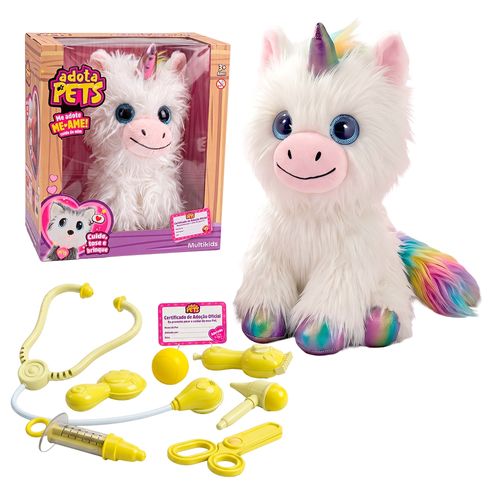 Pelúcia Adota Pets Floquinho Unicórnio Branco com Acessórios e Certificado de Adoção Multikids - BR2604