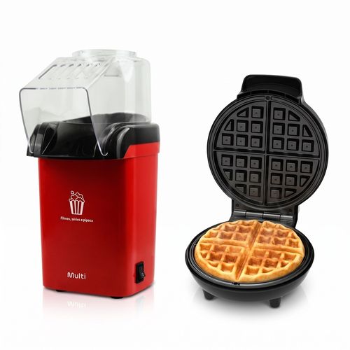 Combo Pipoqueira Elétrica 127V 1200W Vermelha + Máquina de Waffle 750W-127V Preta Multi - GO100K