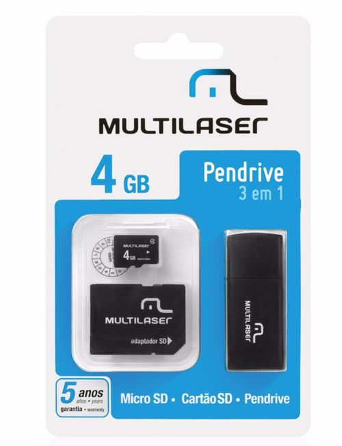 Kit 3 em 1 Pen drive + Adaptador SD + Cartão De Memória Classe 4 com Trava de Segurança 4GB Preto Multilaser - MC057