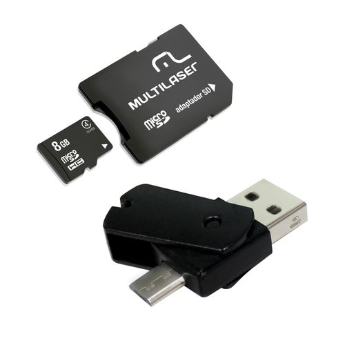Kit Dual Drive OTG + Adaptador SD + Cartão de Memória Classe 4 8GB Preto Multilaser- MC130